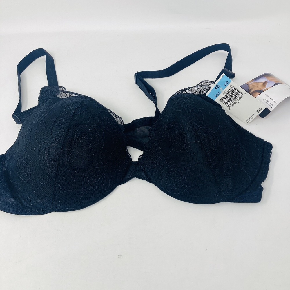 Bali Bra Black Style 3193 Underwire Floral Lace Covered Cups Sz 40C NEW